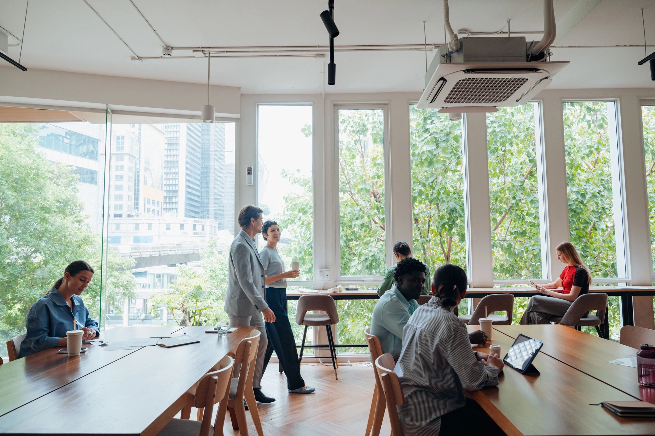 Diverse professionals collaborating in a modern office
